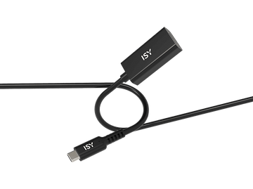 Câble adaptateur USB-C vers HDMI ISY noir sur fond noir.