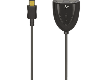 Répartiteur HDMI noir avec deux ports d'entrée, un interrupteur et un câble HDMI.