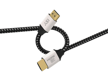 Câble HDMI 8K avec connecteurs ISY blancs, câble noir et gris sur fond noir.
