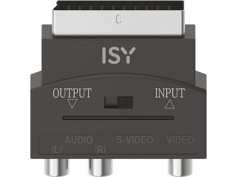 Adaptateur SCART ISY noir avec étiquettes d'entrée/sortie et connecteurs audio/vidéo.