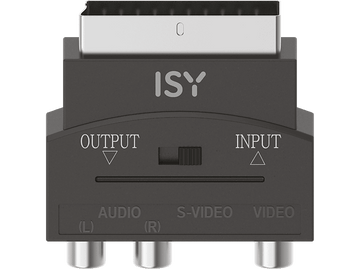 Adaptateur SCART ISY noir avec étiquettes d'entrée/sortie et connecteurs audio/vidéo.
