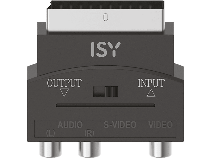 Adaptateur SCART ISY noir avec étiquettes d'entrée/sortie et connecteurs audio/vidéo.