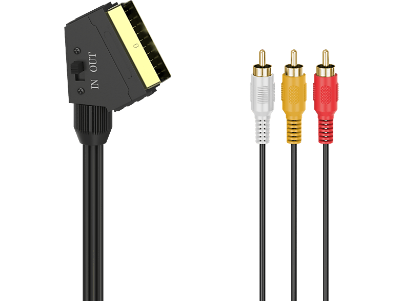 Adaptateur SCART vers RCA noir avec trois câbles RCA : blanc, jaune et rouge, sur fond noir.