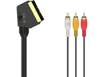 Adaptateur SCART vers RCA noir avec trois câbles RCA : blanc, jaune et rouge, sur fond noir.