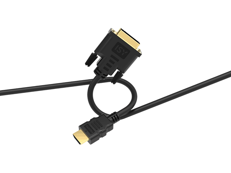 Câble HDMI vers DVI noir avec connecteurs dorés sur fond noir.