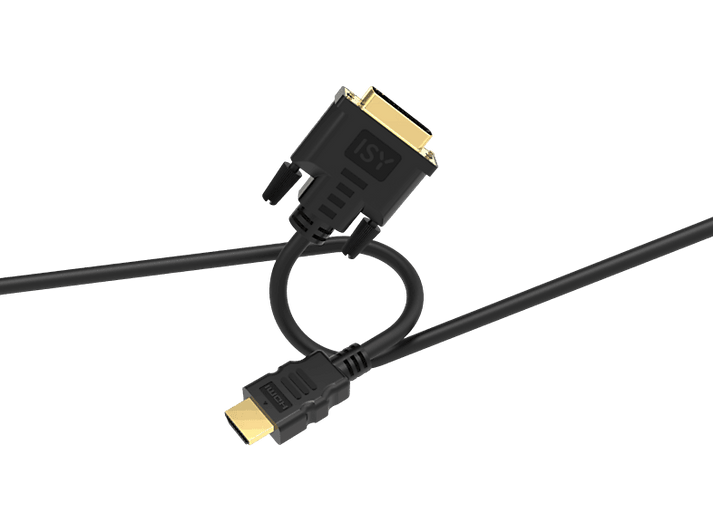 Câble HDMI vers DVI noir avec connecteurs dorés sur fond noir.
