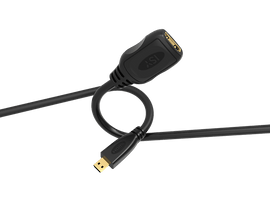 Câble HDMI noir avec adaptateur femelle et connecteur mâle, sur fond noir.