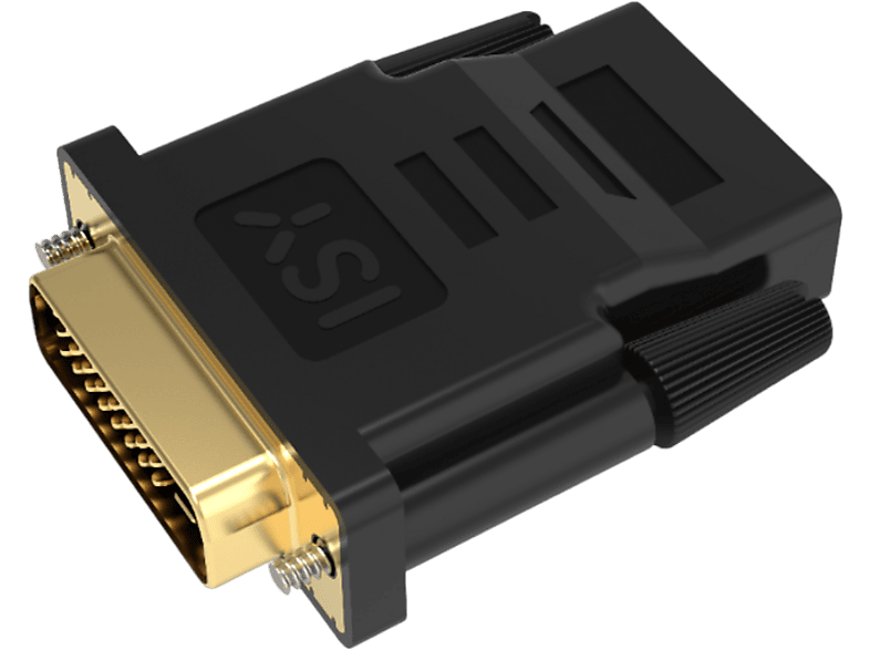 Adaptateur DVI vers DVI noir. Broches dorées à une extrémité, boîtier plastique noir, fond noir.