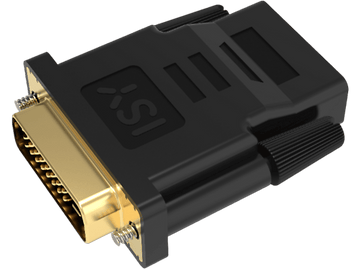 Adaptateur DVI vers DVI noir. Broches dorées à une extrémité, boîtier plastique noir, fond noir.