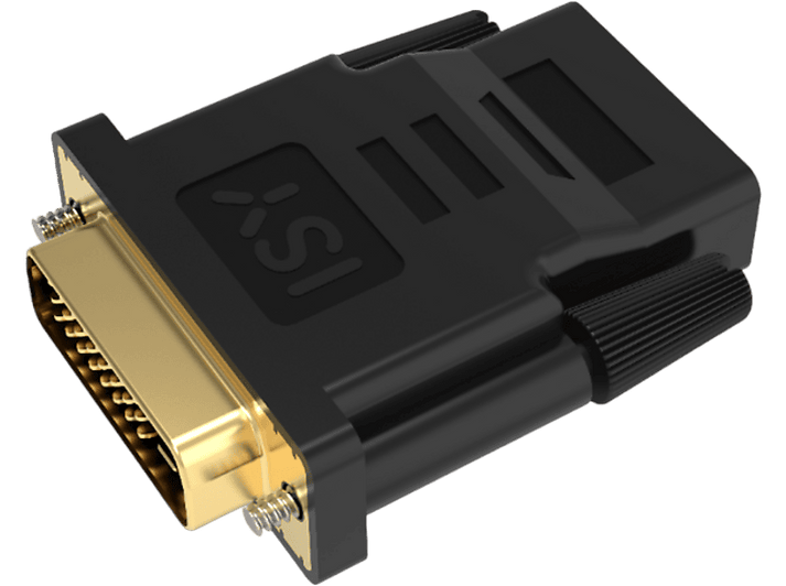 Adaptateur DVI vers DVI noir. Broches dorées à une extrémité, boîtier plastique noir, fond noir.