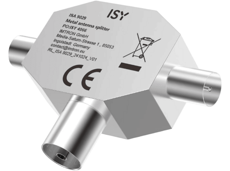 Répartiteur coaxial ISY argenté. Possède trois connecteurs, avec du texte sur une étiquette blanche. Fond noir.