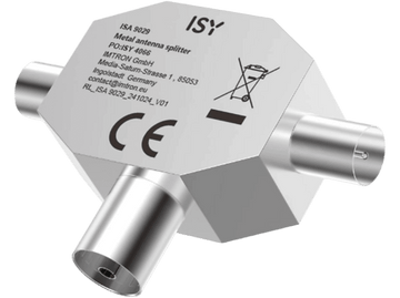 Répartiteur coaxial ISY argenté. Possède trois connecteurs, avec du texte sur une étiquette blanche. Fond noir.