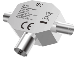 Répartiteur coaxial ISY argenté. Possède trois connecteurs, avec du texte sur une étiquette blanche. Fond noir.