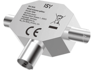Répartiteur coaxial ISY argenté. Possède trois connecteurs, avec du texte sur une étiquette blanche. Fond noir.