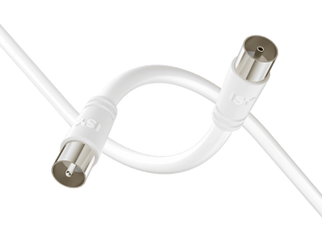 Câble coaxial blanc. Deux connecteurs à chaque extrémité sont connectés en boucle.