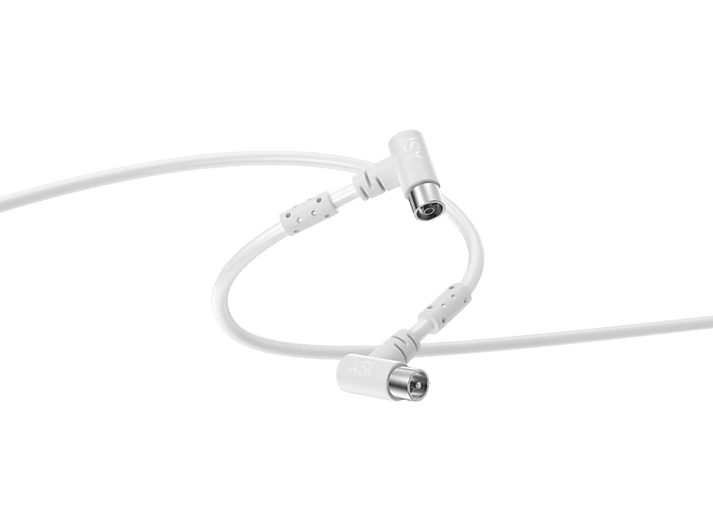 Câble coaxial blanc avec deux connecteurs sur fond noir.