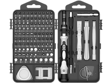 Charger l&#39;image dans la galerie, Kit d&#39;outils avec de nombreux embouts et outils. Noir et blanc, kit ouvert.
