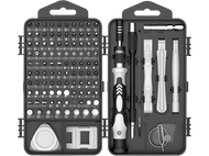 Kit d'outils avec de nombreux embouts et outils. Noir et blanc, kit ouvert.