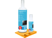 Deux bouteilles de liquide de nettoyage et un chiffon jaune sur fond blanc.