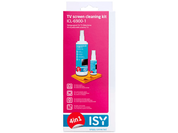 Un kit de nettoyage pour écrans de télévision. Contient deux bouteilles, un chiffon et du texte en plusieurs langues. Fond rose.