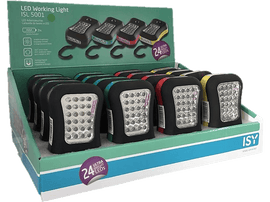 Présentation de lampes de travail LED, de différentes couleurs. Présentoir en boîte avec plusieurs lampes.