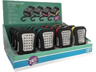 Présentation de lampes de travail LED, de différentes couleurs. Présentoir en boîte avec plusieurs lampes.