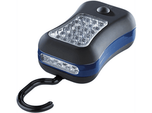 Charger l&#39;image dans la galerie, Une lampe de poche noire et bleue avec un crochet. Elle a plusieurs LED et un seul bouton.
