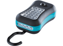 Charger l&#39;image dans la galerie, Une lampe de poche LED noire et sarcelle avec un crochet noir et un bouton en haut.
