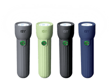 Charger l&#39;image dans la galerie, Quatre lampes de poche en gris, vert, noir et bleu. Toutes ont un bouton et la marque &#39;ISY&#39; est visible.
