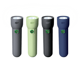 Quatre lampes de poche en gris, vert, noir et bleu. Toutes ont un bouton et la marque 