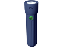 Charger l&#39;image dans la galerie, Une lampe de poche ISY bleu marine avec un bouton vert, allumée en haut. Le fond est blanc.
