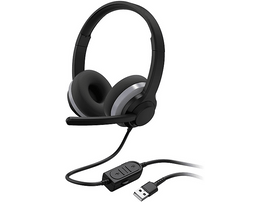 Casque noir avec un microphone et un connecteur USB. Le casque est sur un fond blanc.
