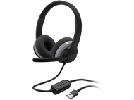 Casque noir avec un microphone et un connecteur USB. Le casque est sur un fond blanc.