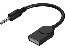 Charger l&#39;image dans la galerie, Câble adaptateur USB vers prise jack 3,5 mm noir. Adaptateur avec USB et prise jack 3,5 mm. Fond blanc.
