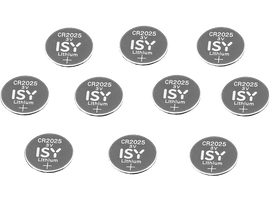Dix piles au lithium CR2025 3V ISY, argentées avec texte noir, disposées sur une surface noire.