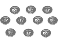 Dix piles au lithium CR2025 3V ISY, argentées avec texte noir, disposées sur une surface noire.