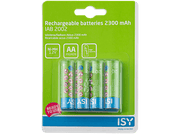 Pack de batteries vert et bleu avec quatre piles AA rechargeables, 2300 mAh, et une étiquette d'avertissement.