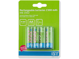 Pack de batteries vert et bleu avec quatre piles AA rechargeables, 2300 mAh, et une étiquette d