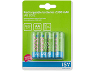 Pack de batteries vert et bleu avec quatre piles AA rechargeables, 2300 mAh, et une étiquette d'avertissement.