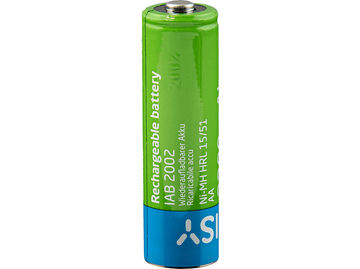 Pile rechargeable verte et bleue avec texte 'IAB 2002'.
