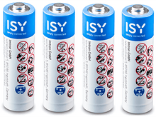 Charger l&#39;image dans la galerie, Quatre piles AA bleues et blanches avec symboles d&#39;avertissement.
