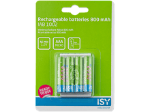 Charger l&#39;image dans la galerie, Paquet de quatre piles AAA rechargeables. L&#39;emballage est vert avec la marque ISY.
