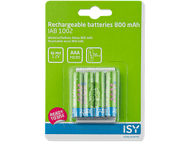 Paquet de quatre piles AAA rechargeables. L'emballage est vert avec la marque ISY.