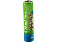 Charger l&#39;image dans la galerie, Pile AAA verte avec signe plus blanc et 800 mAh. Divers symboles d&#39;avertissement y sont imprimés.
