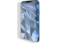 Smartphone avec un design abstrait géométrique bleu sur l'écran, cadre argenté.