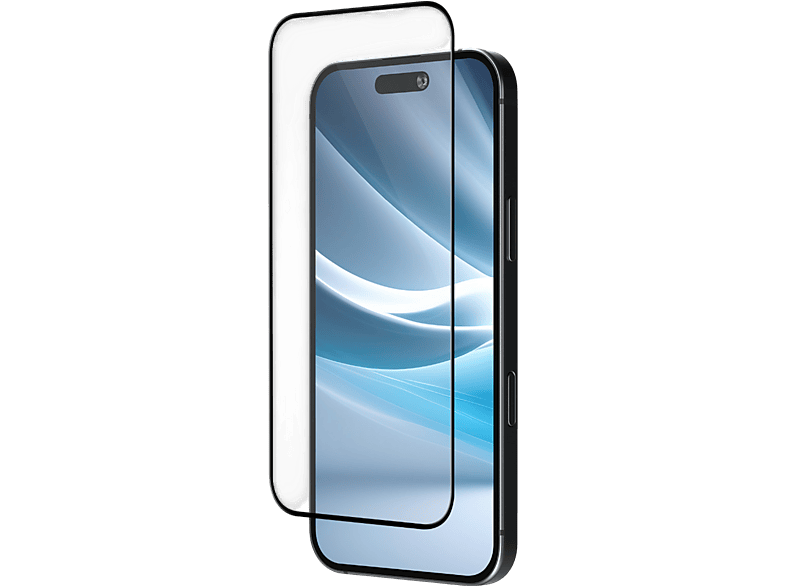 Un smartphone avec un protecteur d'écran. Le téléphone est noir, l'écran affiche des vagues bleues. Le protecteur est transparent et le fond est noir.