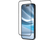 Un smartphone avec un protecteur d'écran. Le téléphone est noir, l'écran affiche des vagues bleues. Le protecteur est transparent et le fond est noir.