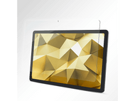 Tablette avec protecteur d'écran appliqué, vue en angle, fond géométrique doré.