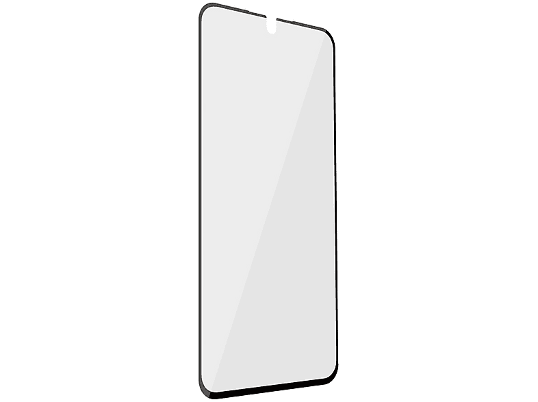 Un protecteur d'écran pour un téléphone, transparent avec des bords noirs, sur fond blanc.