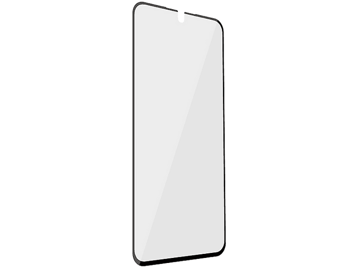 Un protecteur d'écran pour un téléphone, transparent avec des bords noirs, sur fond blanc.